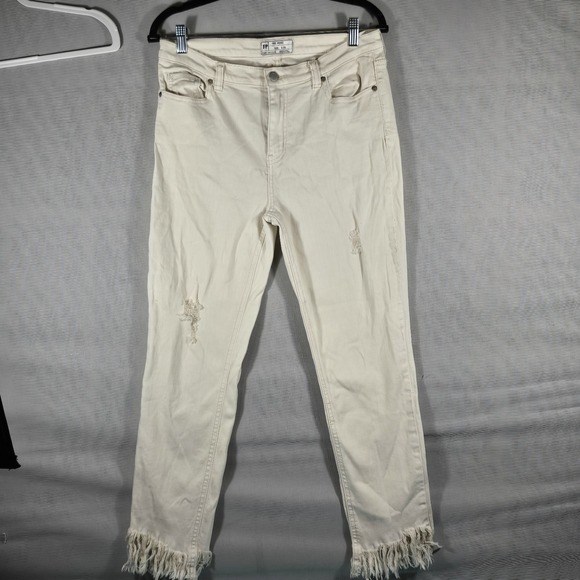 Free People Denim - Free People Womens 29 Distressed‎ Skinny Jeans Raw Fringed Frayed Hem Cream